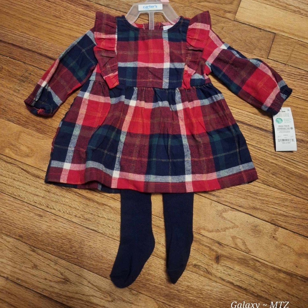 🤑2pc Cartets Plaid Dress and Tights Set